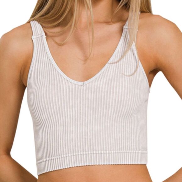 Zenana Sports Bra Cami Tank Top Womens L XL Bone Gray Washed Ribbed NEW - Picture 1 of 2